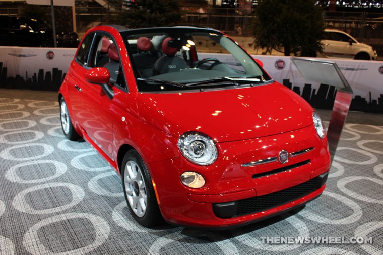 2017 Fiat 500 Cabrio red sedan car on display Chicago Auto Show