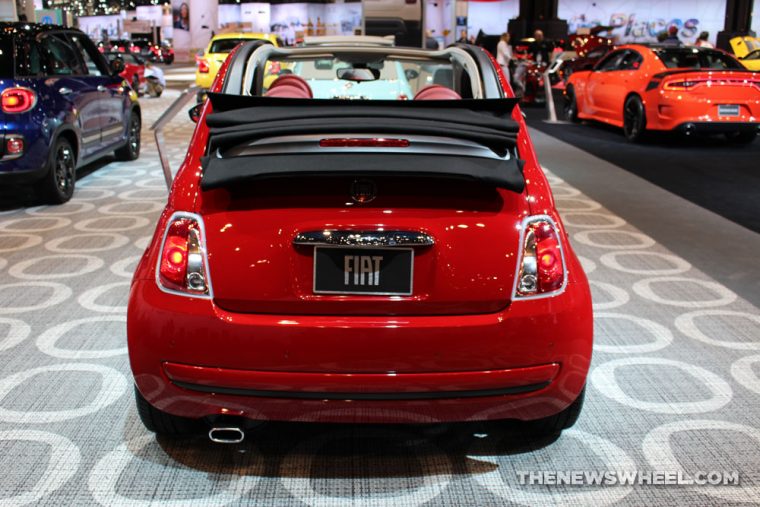 2017 Fiat 500 Cabrio red sedan car on display Chicago Auto Show