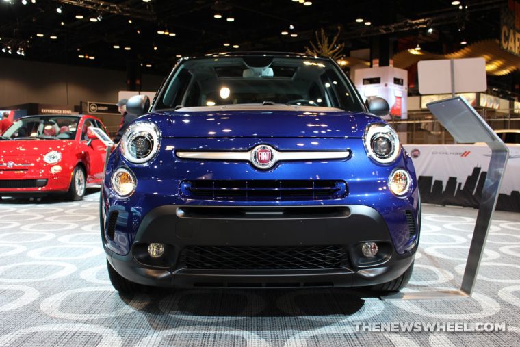 2017 Fiat 500L blue sedan car on display Chicago Auto Show