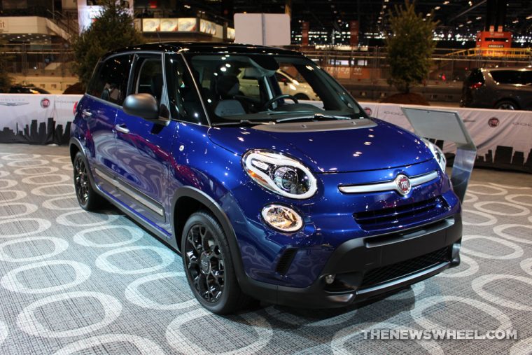 2017 Fiat 500L blue sedan car on display Chicago Auto Show