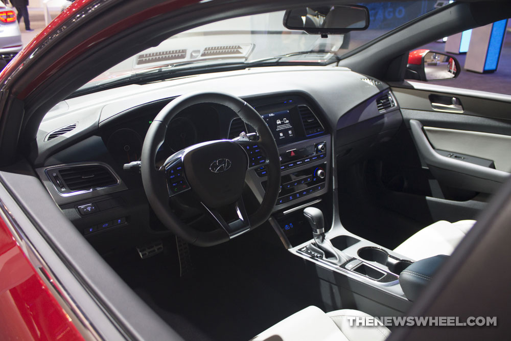 2017 Hyundai Sonata Sport 2.0T red sedan car on display Chicago Auto Show