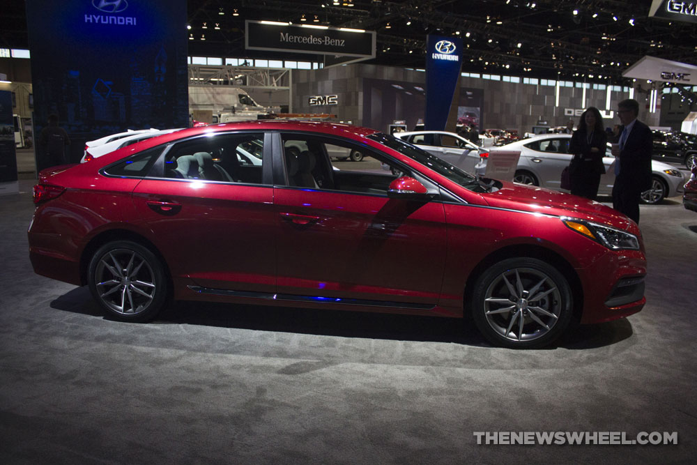 2017 Hyundai Sonata Sport 2.0T red sedan car on display Chicago Auto Show