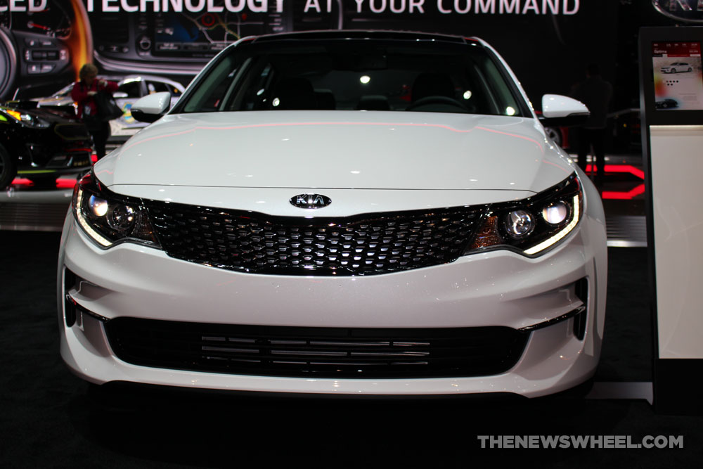 2017 Kia Optima white sedan car on display Chicago Auto Show