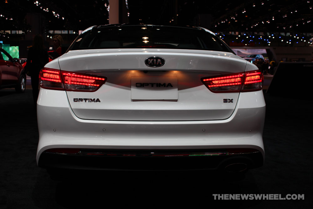 2017 Kia Optima white sedan car on display Chicago Auto Show