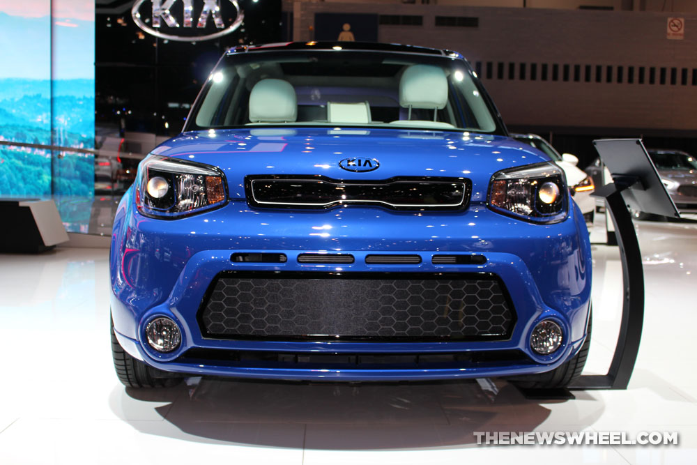 2017 Kia Soul First Class blue sedan car on display Chicago Auto Show