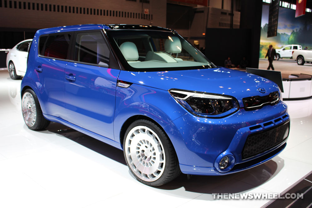 2017 Kia Soul First Class blue sedan car on display Chicago Auto Show