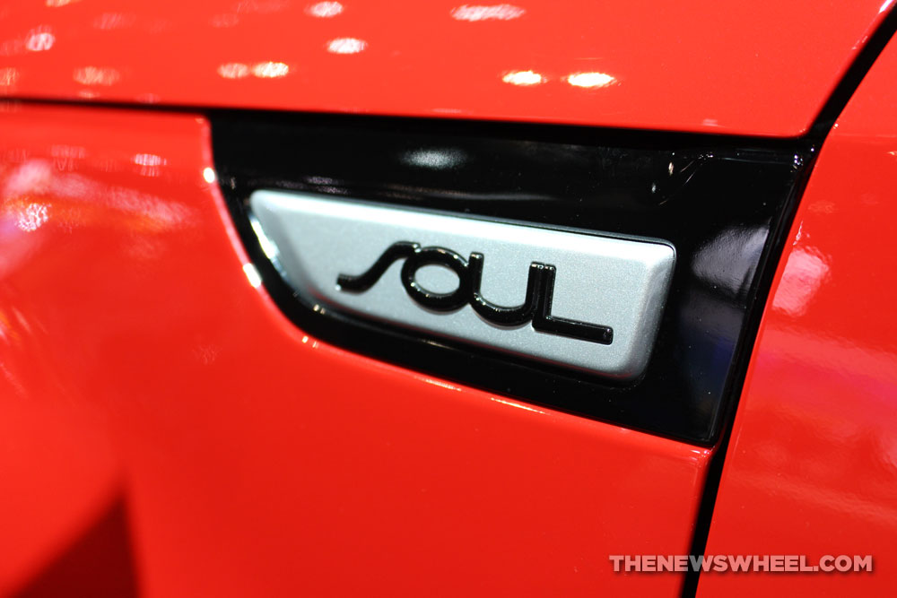 2017 Kia Soul red sedan car on display Chicago Auto Show