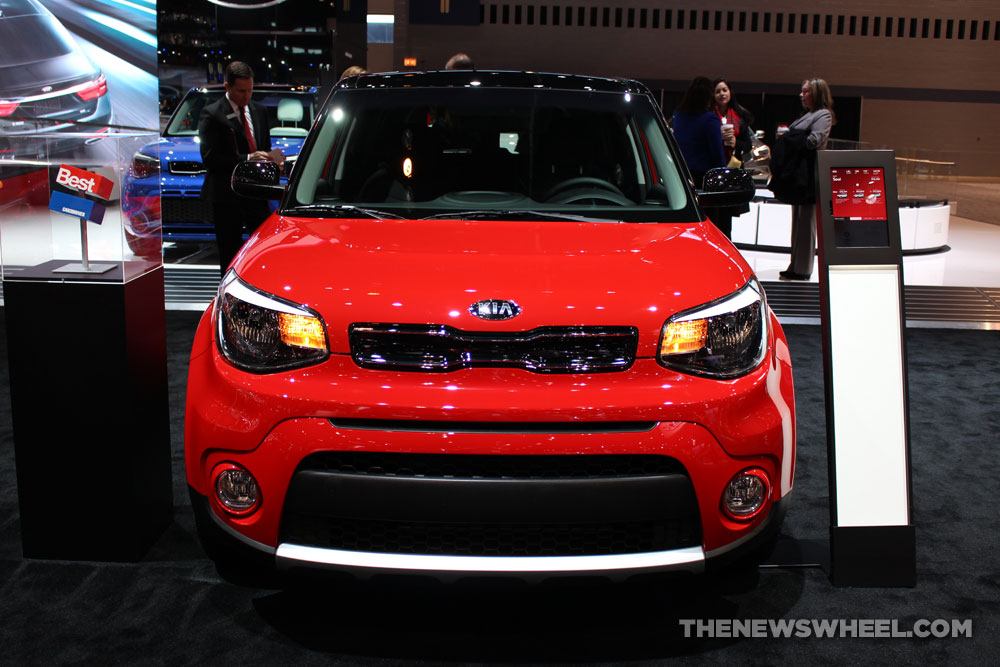 2017 Kia Soul red sedan car on display Chicago Auto Show