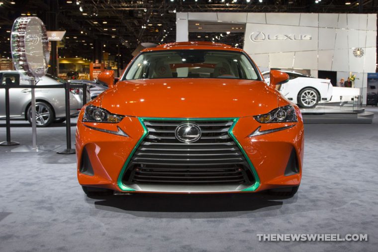 2017 Lexus IS Sriracha orange sedan car on display Chicago Auto Show