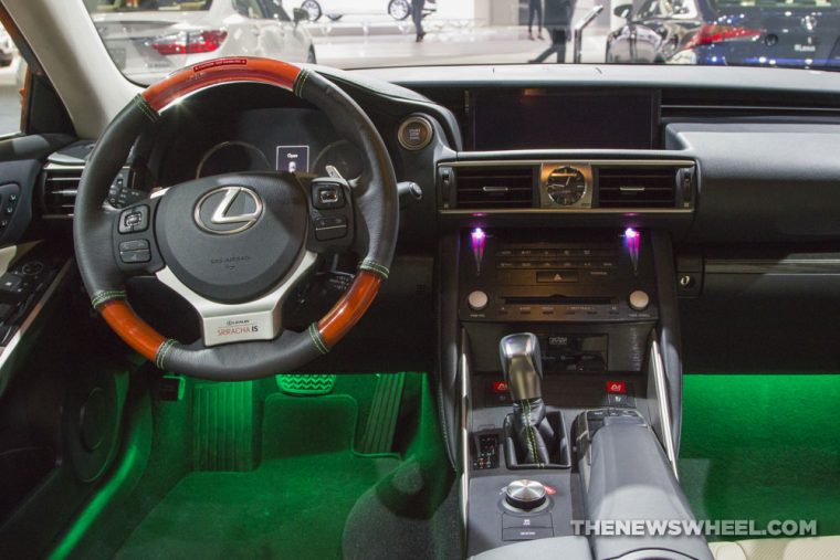 2017 Lexus IS Sriracha orange sedan car on display Chicago Auto Show