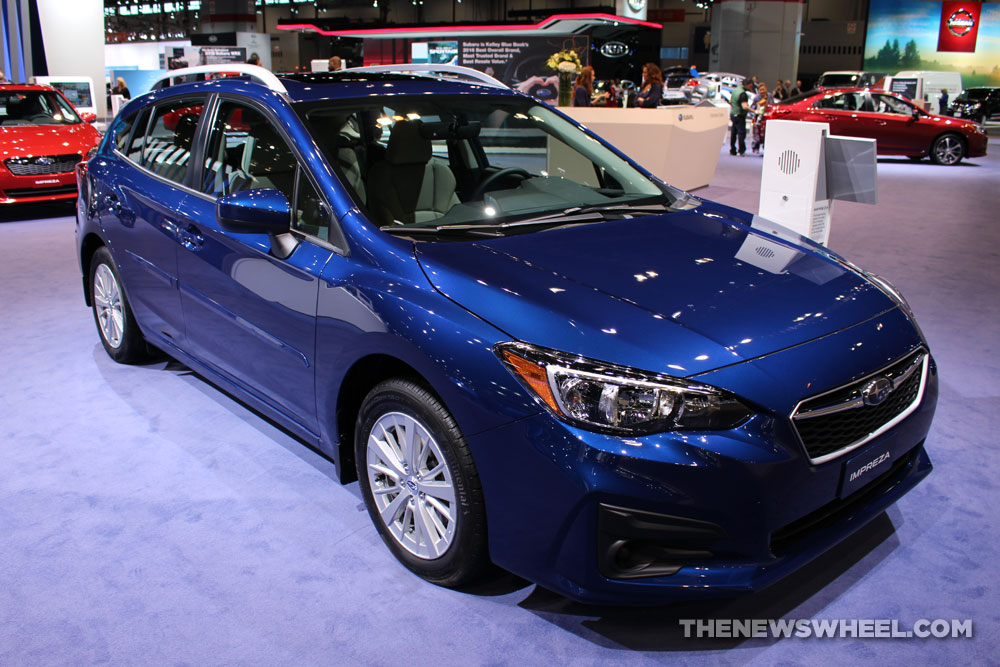 2017 Subaru Impreza 2.0i Premium blue hatchback car on display Chicago Auto Show