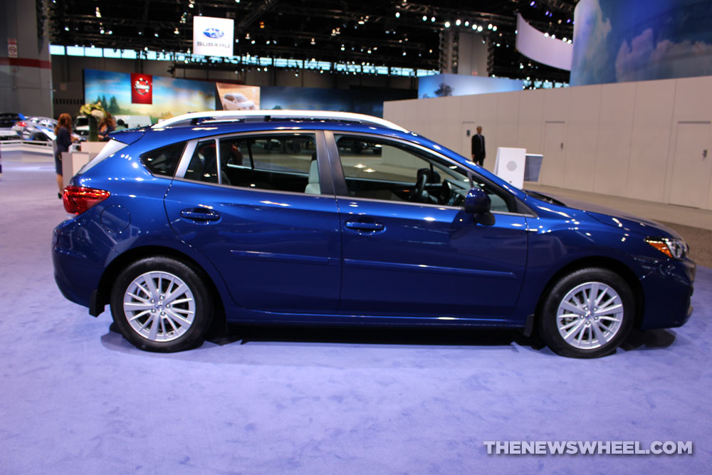 2017 Subaru Impreza 2.0i Premium blue hatchback car on display Chicago Auto Show