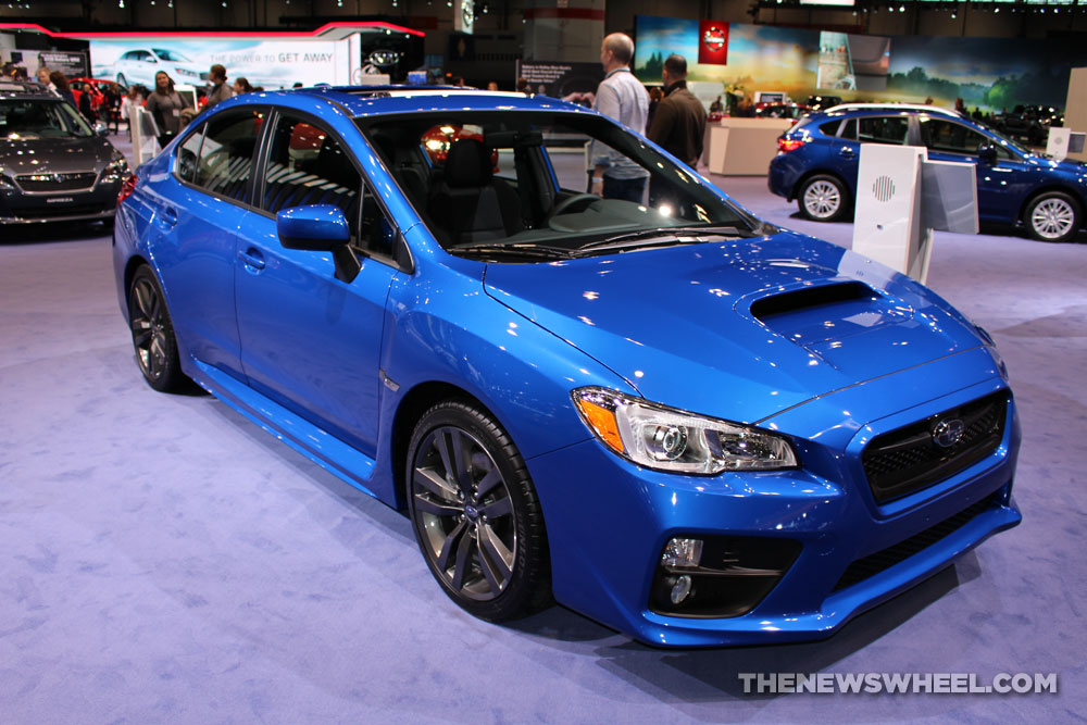 2017 Subaru WRX Limited blue sedan car on display Chicago Auto Show