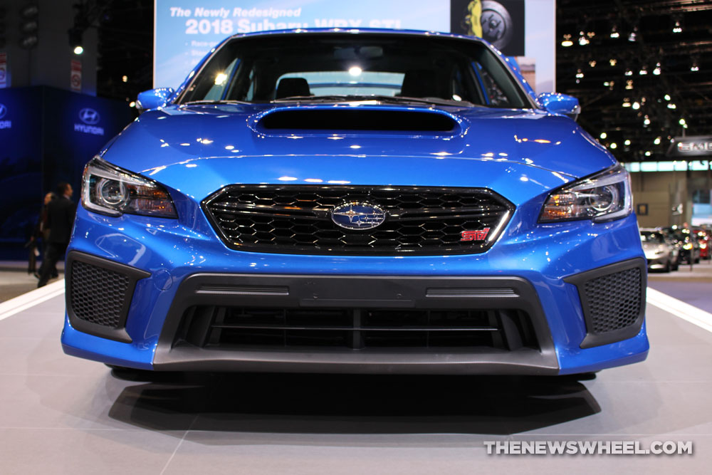 2017 Subaru WRX STI blue sedan car on display Chicago Auto Show