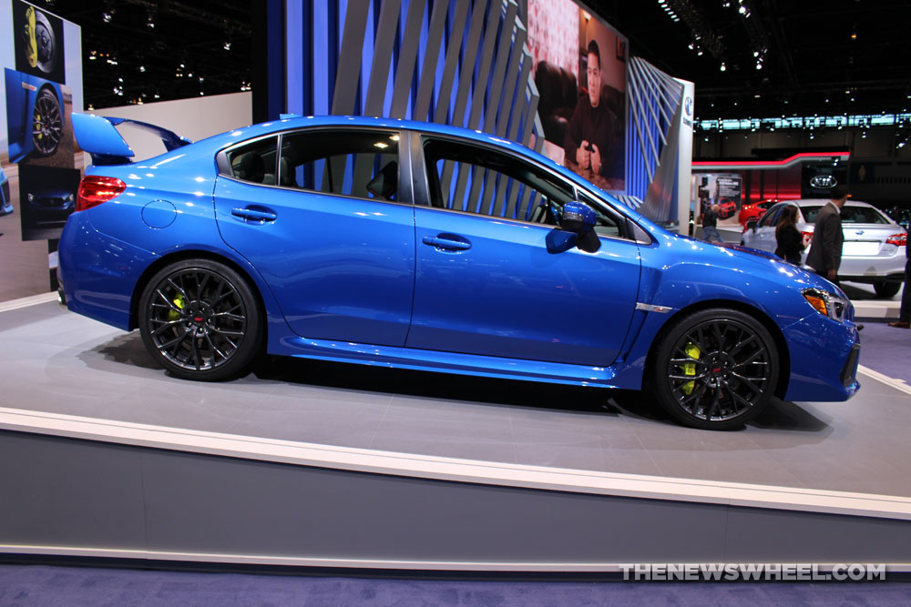 2017 Subaru WRX STI blue sedan car on display Chicago Auto Show