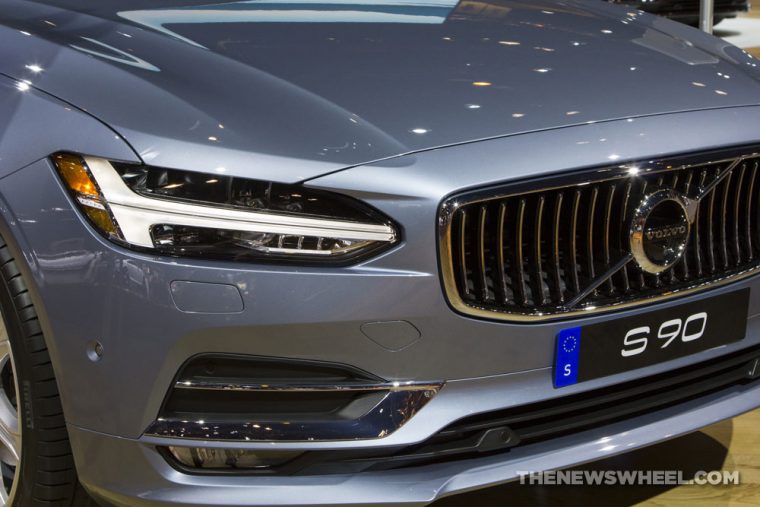 2017 Volvo S90 blue sedan car on display Chicago Auto Show