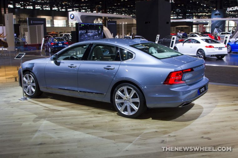 2017 Volvo S90 blue sedan car on display Chicago Auto Show