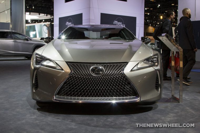 2018 Lexus LC 500 silver sedan car on display Chicago Auto Show