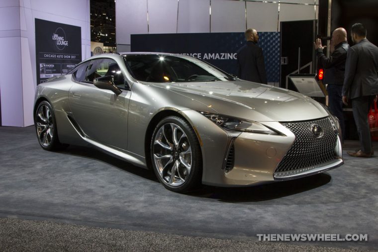 2018 Lexus LC 500 silver sedan car on display Chicago Auto Show