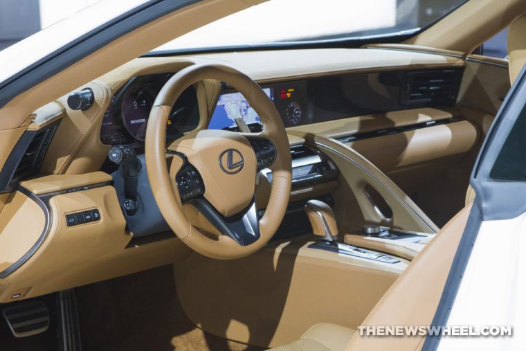 2018 Lexus LC 500h white sedan car on display Chicago Auto Show