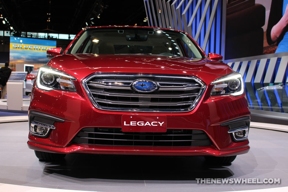 2018 Subaru Legacy 3.6R Limited red sedan car on display Chicago Auto Show