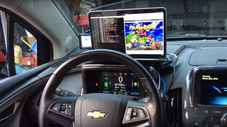 Mario Kart 64 being played on a Chevy Volt