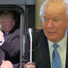 President Donald Trump sits in a truck and honks the horn of the big rig, later wears "I Heart Trucks" Pin