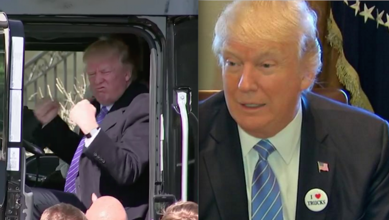 President Donald Trump sits in a truck and honks the horn of the big rig, later wears "I Heart Trucks" Pin