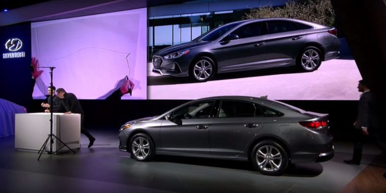 2018 Hyundai Sonata sedan car reveal at 2017 New York International Auto Show model redesign presentation stage