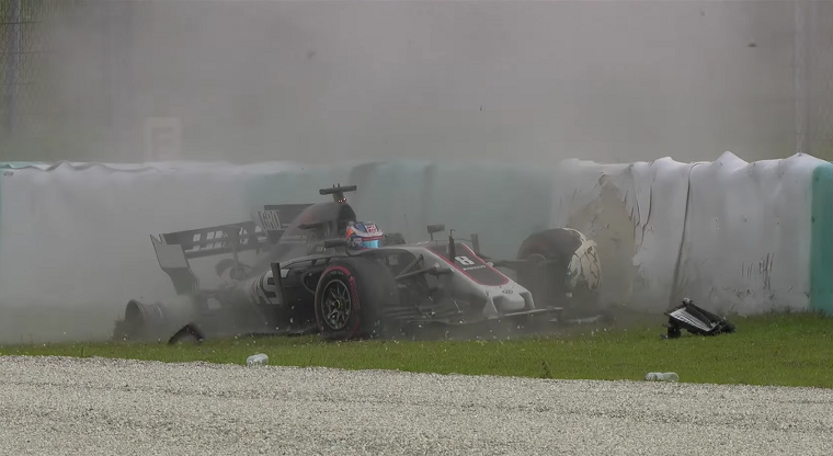 Grosjean crashes his Haas F1 car during Free Practice 2 at the 2017 Malaysia Grand Prix