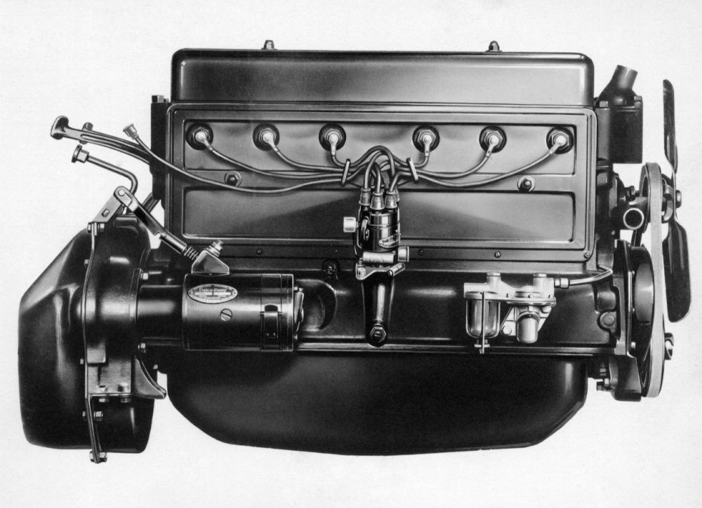 1929 Chevrolet 194-cubic-inch (3.2L) overhead-valve inline six-cylinder engine rated at 46 horsepower and approximately 120 lb-ft of torque.