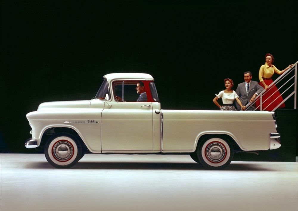 1955 Chevrolet 3100 Series Cameo Carrier half-ton pickup with 265-cubic-inch (4.3L) V-8 engine, rated at 180 horsepower and 260 lb-ft of torque.