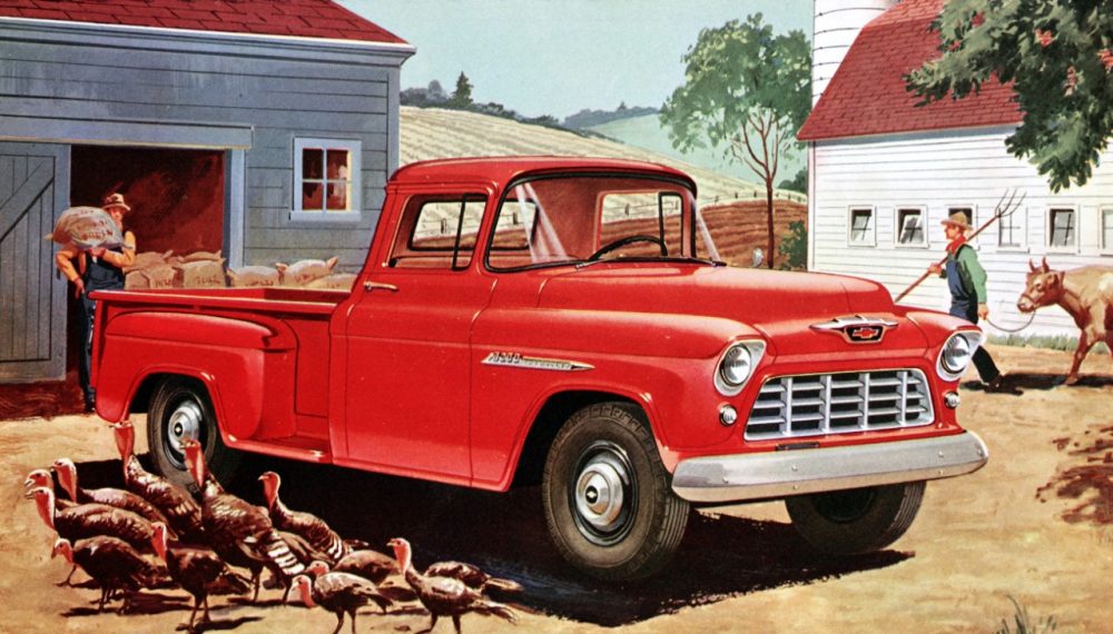 1955 Chevrolet 3200 Series half-ton long-wheelbase pickup with 265-cubic-inch (4.3L) V-8 engine, rated at 162 horsepower.