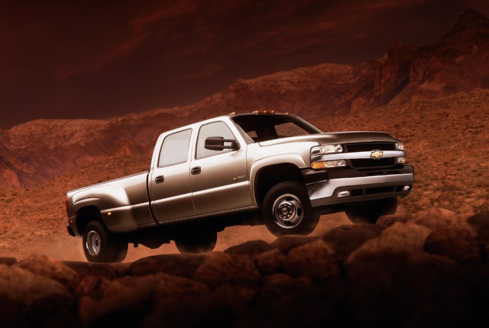 2001 Chevrolet Silverado HD one-ton pickup with Duramax 6.6L turbo-diesel V-8 engine, rated at 520 lb-ft of torque.