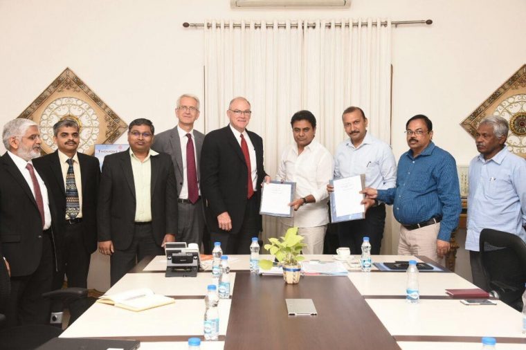 Ford executives with Navin Mittal, Secretary MA&UD and T Chiranjeevulu Commissioner HMDA during the MoU signing