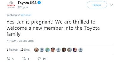 Toyota Jan pregnant Laurel Coppock tweet confirmation baby child