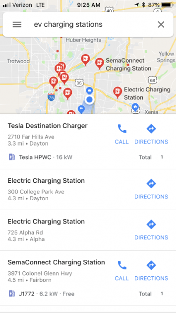 Google Maps EV charging station feature