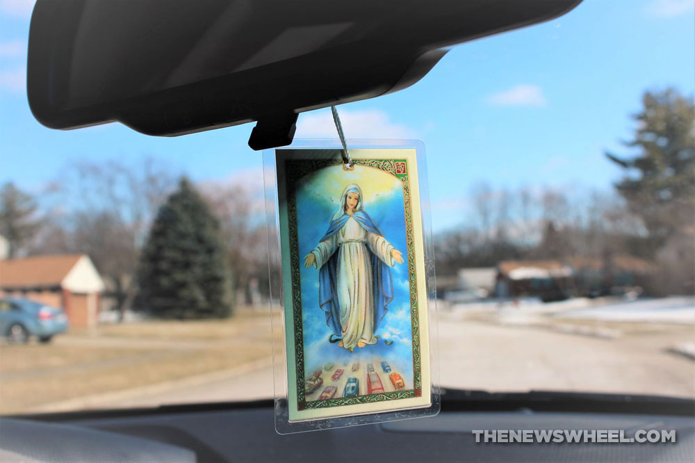 Our Lady of the Highway protection patron saint of cars hanging from rearview mirror