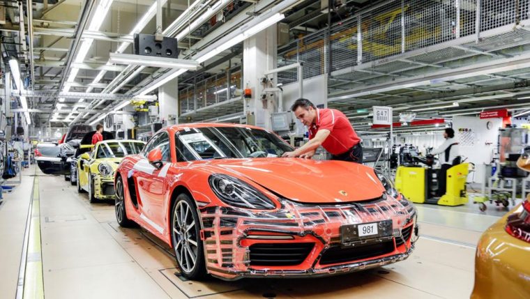 Porsche employees on the production line