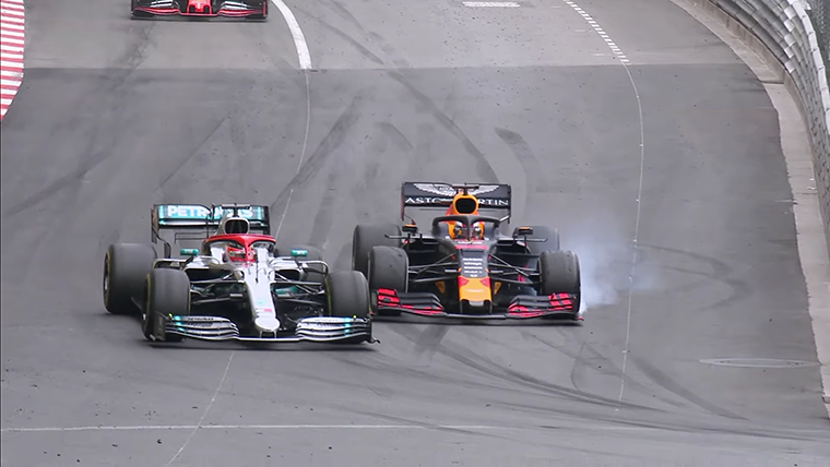 Max Verstappen attempts to pass Lewis Hamilton