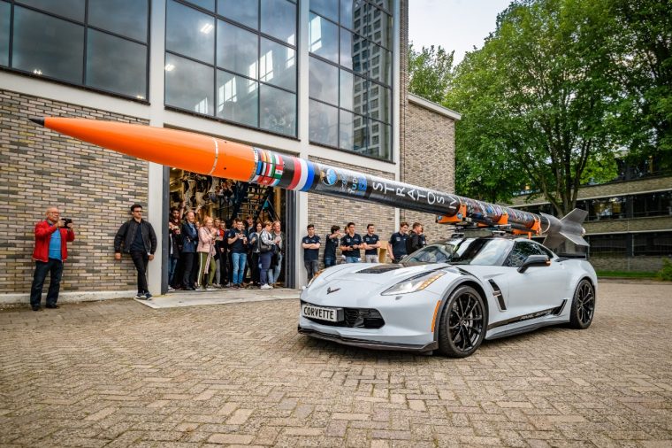 2019 Chevrolet Corvette C7 Final Edition with Stratos IV rocket strapped to roof