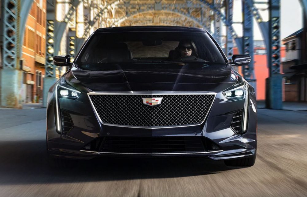 A front view of the 2019 Cadillac CT6-V driving down the street