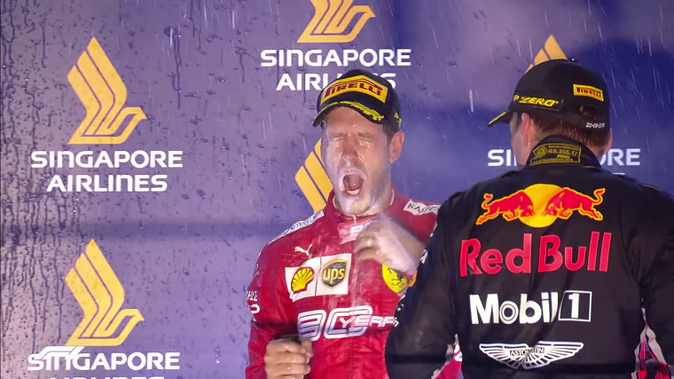  2019 Singapore GP - Vettel Sprayed With Champagne