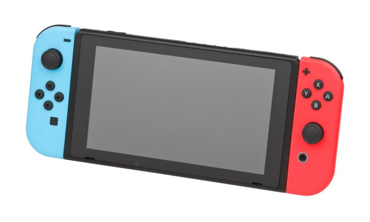 A Nintendo Switch with red and blue Joy Cons in portable mode