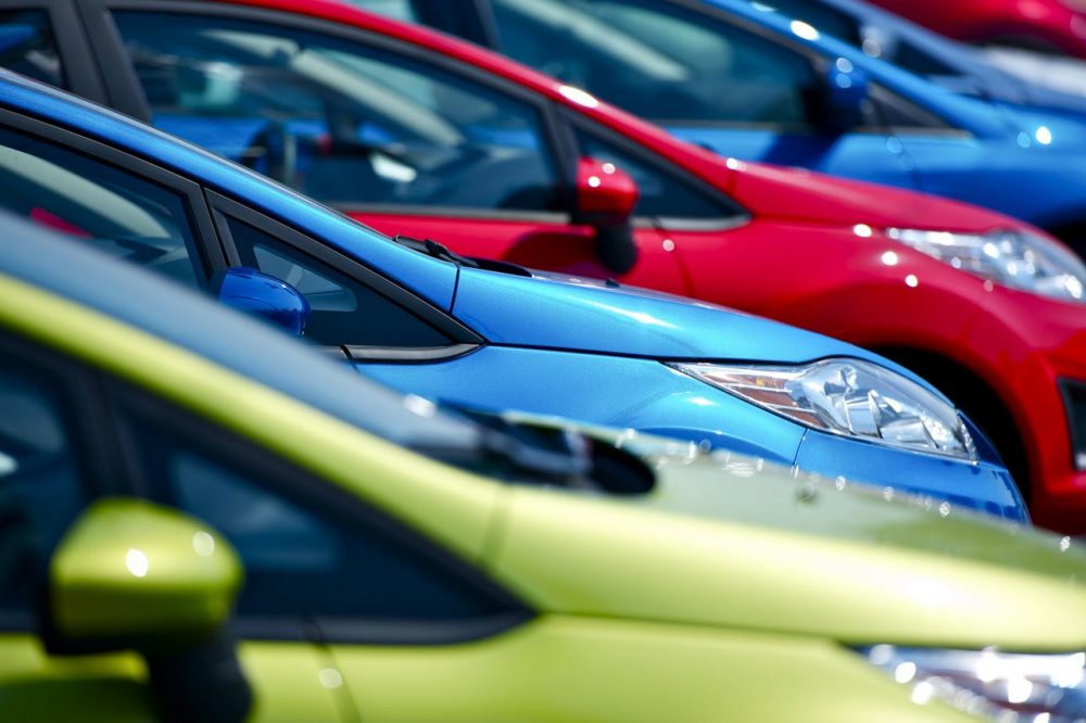 Cars lined up on a used car lot