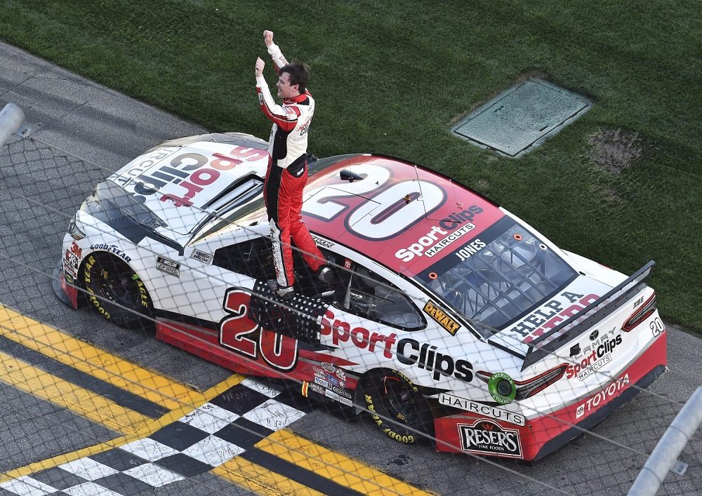 Erik Jones celebrates Clash at Daytona victory