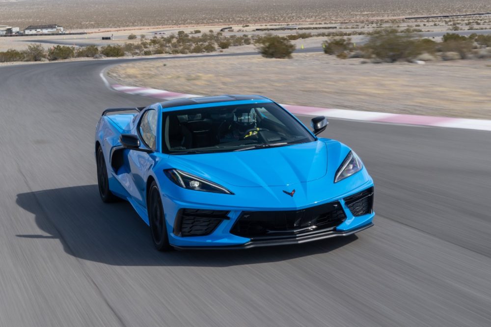 Blue 2020 Chevrolet Corvette Stingray on a racetrack