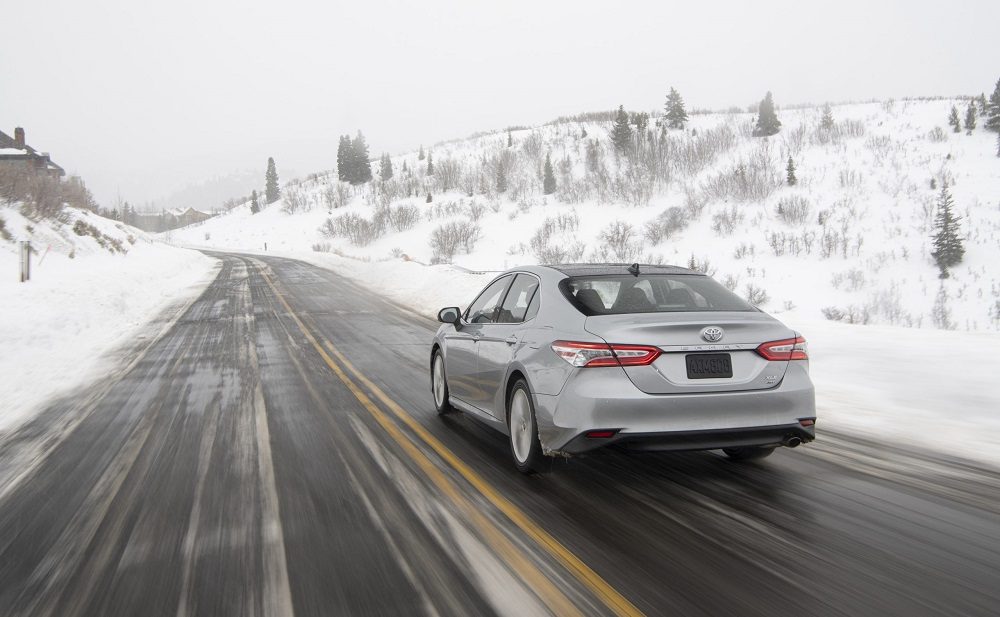 2020 Toyota Camry XLE AWD in Celestine Silver (rear)