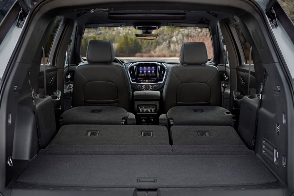 The cabin of the 2021 Chevrolet Traverse High Country with the rear rows folded down