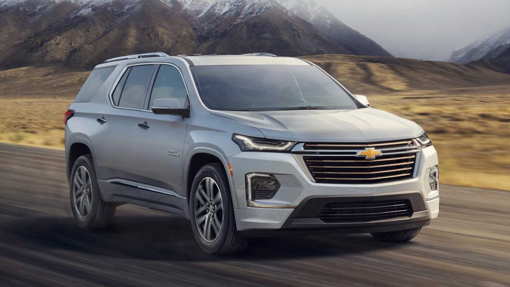 Front side view of 2021 Chevrolet Traverse driving down road